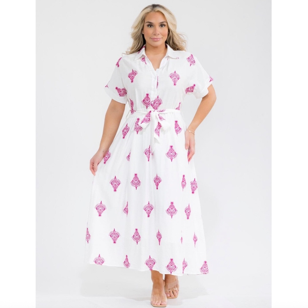 Embroidery Plus Size Button Up Self Tie Maxi Dress - Picture 1 of 5